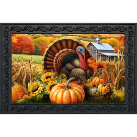 Wild Turkey and Pumpkins doormat with farm scene and autumn leaves in decorative black frame.