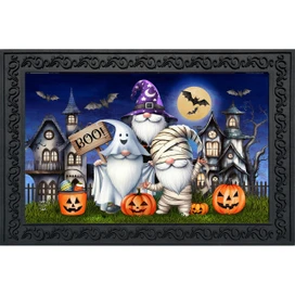 Costumed Gnomes Doormat with Halloween ghosts, pumpkins, and houses on a spooky night scene.