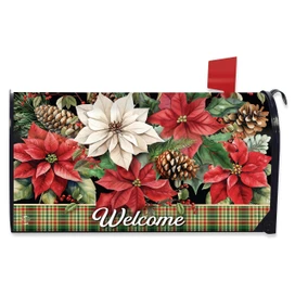 Mixed Poinsettias mailbox cover with red and white flowers, pinecones, and Welcome text on plaid background.