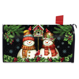 Snowman Pair Mailbox Cover with festive winter scene and snowmen wearing scarves and hats.