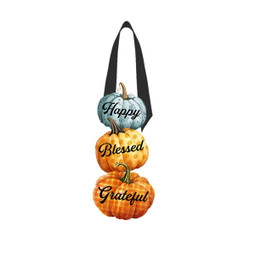 Stacked wood door hanger with Happy Blessed Grateful text on three colorful pumpkins with black strap.