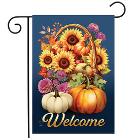 Fall Basket Garden Flag with sunflowers, pumpkins, and flowers on blue background with welcome text.