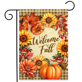 Welcome Fall Flowers garden flag with sunflowers, pumpkin, and leaves on double-sided beige background.