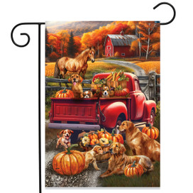 Fall Puppy Pickup Garden Flag with adorable puppies, pumpkins, and a red truck on a farm.