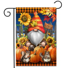 Gnome and Pumpkins Garden Flag with orange hat and pumpkins surrounded by sunflowers and autumn leaves.