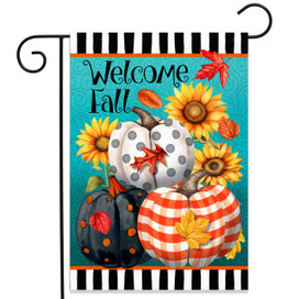 Perfectly Patterned Pumpkins Garden Flag with Welcome Fall pumpkins, sunflowers, and leaves on teal background.