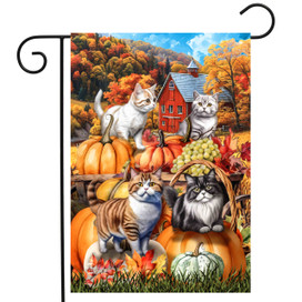 Pumpkin Patch Cats Garden Flag with cats and pumpkins in autumn scene with house background.