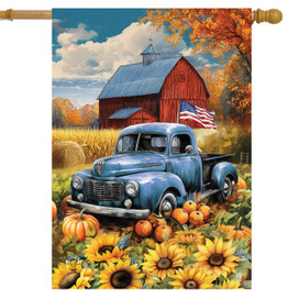 American Fall Farm House Flag with vintage blue truck, pumpkins, sunflowers, and red barn.