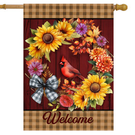 Harvest Wreath House Flag with sunflowers, cardinal, and welcome text on rustic red background.