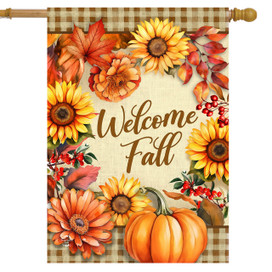 Double-sided house flag with Welcome Fall text, sunflowers, pumpkins, and autumn leaves on gingham background.