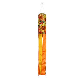 Welcome Fall Flowers Wind Spinner, hanging decor with yellow, orange and red floral design and ribbons.