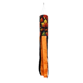 Autumn Color Leaves Wind Spinner with orange ribbons and colorful leaf pattern hanging from a hook.