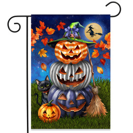 Halloween Pumpkin Trio Garden Flag with stacked jack-o-lanterns, cat, broom, and fall leaves at night.