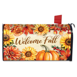 Welcome Fall Flowers Mailbox Cover with sunflowers, pumpkins, and fall leaves design.