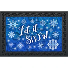Let It Snow Snowflakes Doormat with white snowflakes on blue background and black border.