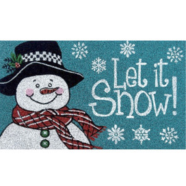 Happy Let It Snow snowman coir doormat, 18x30, with snowflakes and festive winter design.