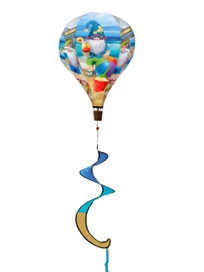 Summer Gnomes Hot Air Balloon Wind Twister with colorful gnome and beach design, blue and gold streamers.