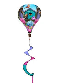 Colorful Birdhouses hot air balloon wind twister with birdhouse, flowers, and birds design.