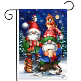 Warm Wishes Gnomes Garden Flag with friendly gnomes, owl, and squirrel in winter scene.