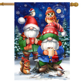 Warm Wishes Gnomes House Flag with gnomes, owl, and squirrel on snowy winter night scene.