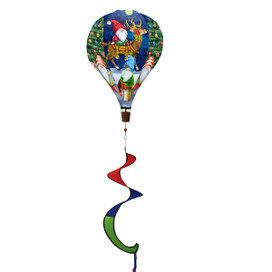 Happy Holiday Gnomes hot air balloon spinner with colorful ribbons and festive gnomes design.