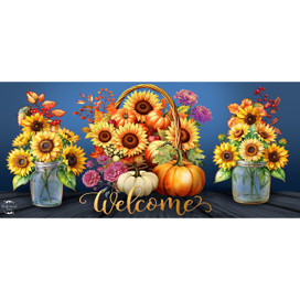Fall Basket Mini Mat with sunflowers, pumpkins and welcome sign in orange and yellow hues.