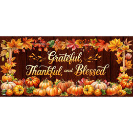 Thankful Blessings Mini Mat with pumpkins, leaves on brown background, Grateful, Thankful, and Blessed written.