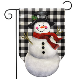 Happy Snowman Burlap Garden Flag with black hat, red scarf on black and white checkered background.