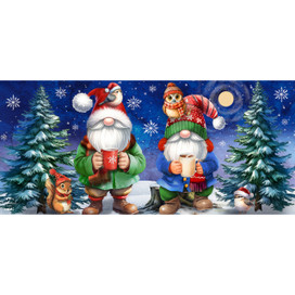 Warm Wishes Gnomes Mini Mat, two gnomes and animals in snowy scene with trees and moon.