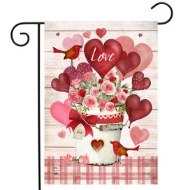 Love Bouquet Garden Flag with pink roses, red hearts, and cardinals on a white background.