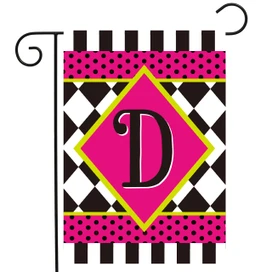Neon checkerboard garden flag with pink, black, and green monogram 'D' on white background.