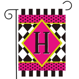 Neon pink and black checkerboard garden flag with yellow accents and large letter H monogram.