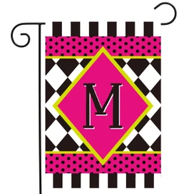 Monogrammed garden flag with neon pink diamond, black M, and colorful checkerboard pattern on white background.