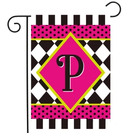 Pink and black garden flag with neon checkerboard monogram P design on a pole.