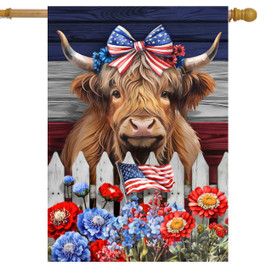 Patriotic Highland Cow House Flag with red, white, and blue flowers and American flag design.