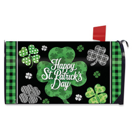 Scattered Shamrocks Large Oversized Mailbox Cover with Happy St. Patrick's Day shamrocks and green plaid.