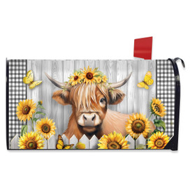 Highland Cow Mailbox Cover with sunflowers, butterflies, and floral crown on a wood and gingham background.