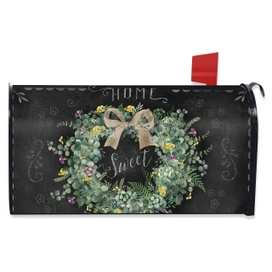 Black Home Sweet Home Wreath Mailbox Cover with floral design and bow.