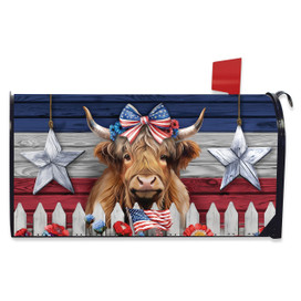 Patriotic Highland Cow Mailbox Cover with American flag design and white picket fence background decoration.