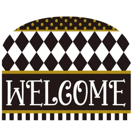 Checkerboard acrylic art sign with "WELCOME" in white on black background with gold accents.