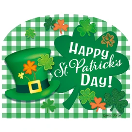 Green acrylic sign with shamrocks and hat celebrating St. Patrick's Day in white festive text.