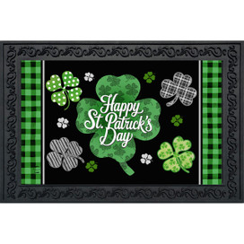 Scattered Shamrocks Doormat with green shamrocks, plaid borders, and Happy St. Patrick's Day text on black.