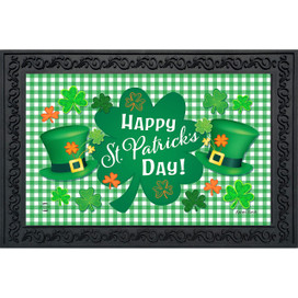 Green and white checkered Celebrate St. Patrick's Day Doormat with shamrocks and top hats.