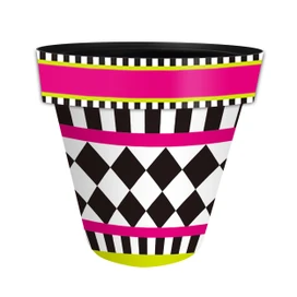 Neon Checkerboard Medium Planter, black, white, pink, and yellow checkerboard and striped design pot.