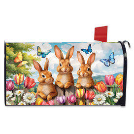 Bunny Greeting Mailbox Cover with three brown bunnies, flowers, and butterflies on a colorful design.