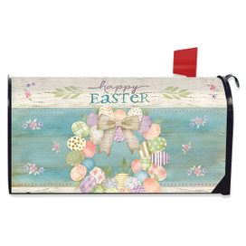 Pastel Easter Wreath Mailbox Cover with colorful eggs, flowers, and Happy Easter text on blue background.