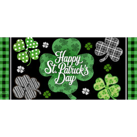 Green shamrocks on black background with Happy St. Patrick's Day text on mini mat.