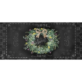 Mini Home Sweet Home Wreath Mat with floral design and burlap bow on dark background.