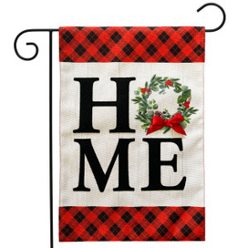 Holiday Home Burlap Garden Flag with red plaid border and "HOME" with festive holiday wreath design.