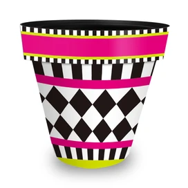 Large Neon Checkerboard Planter, black, white, pink, and yellow, checkered design, decorative stripes.